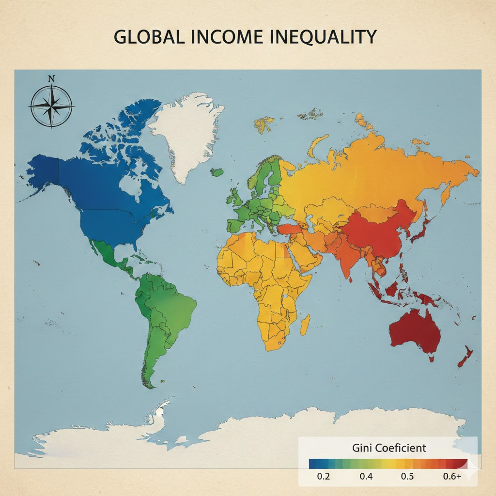 Global giniä map illustrating income inequality by country
